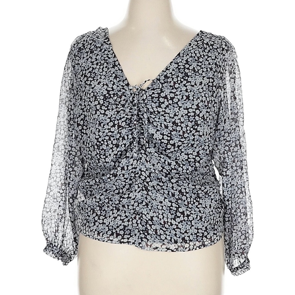 Abercrombie & Fitch Floral Ruched V-Neck Long Sleeve Top - Black/White